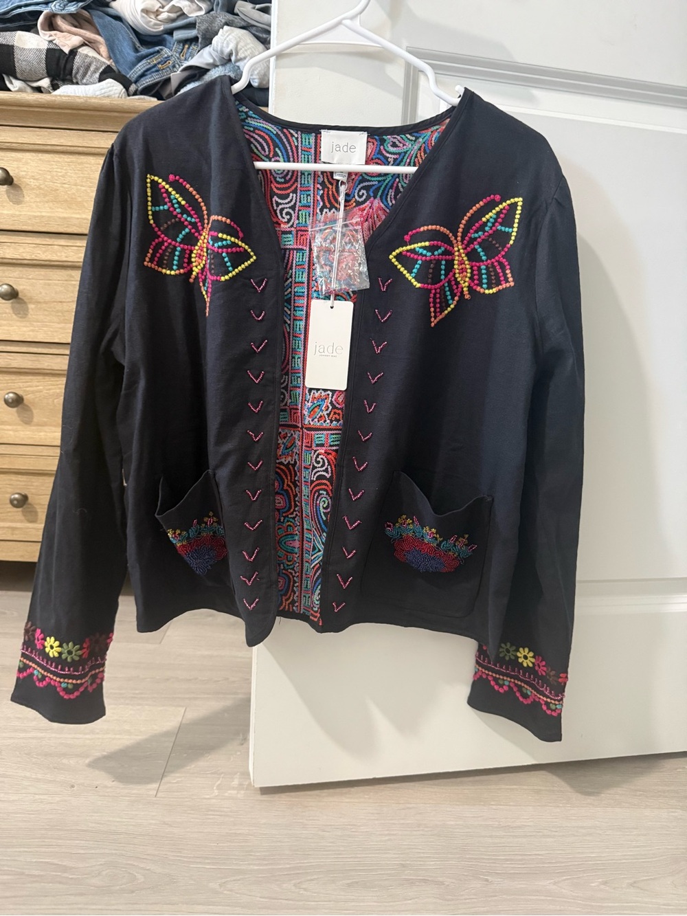 Jade Black Jacket with Multicolor Embroidered Butterflies